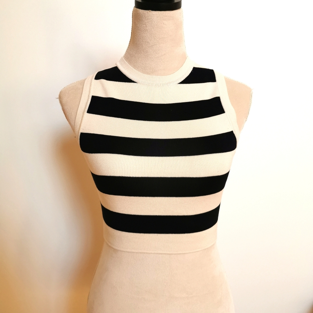 Zara crop top sleeveless black cream stripes medium